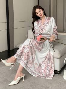 DAZY Bohemian Style Floral Print V-Neck Mid-Length Dress For Women, Spring,Fall Dress Long Sleeve Dress Vacation Outfits Women - Khaki - View 3