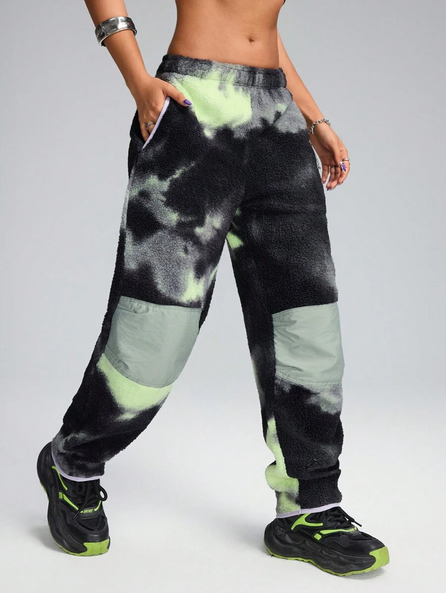 Innovista Calças esportivas com costura de tecido de colisão vibrante tie-dye com bolso, agasalho esportivo, casual e diário, roupas combinando, calças esportivas femininas, jogging esportivo, calças com design de articulação do joelho, calças largas, calças de moletom empilhadas, roupa feminina de outono e inverno, atividades ao ar livre, corrida, roupas para clima frio - Multicolorido - Ver 1