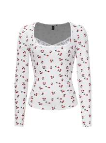 Chiquease Camiseta de manga larga y ajustada con parches de encaje, pequeño estampado de cerezas y cuello redondo, moda para camisetas gráficas de mujer en otoño/invierno 2024, tops para mujer en primavera y otoño - Blanco - Ver 6