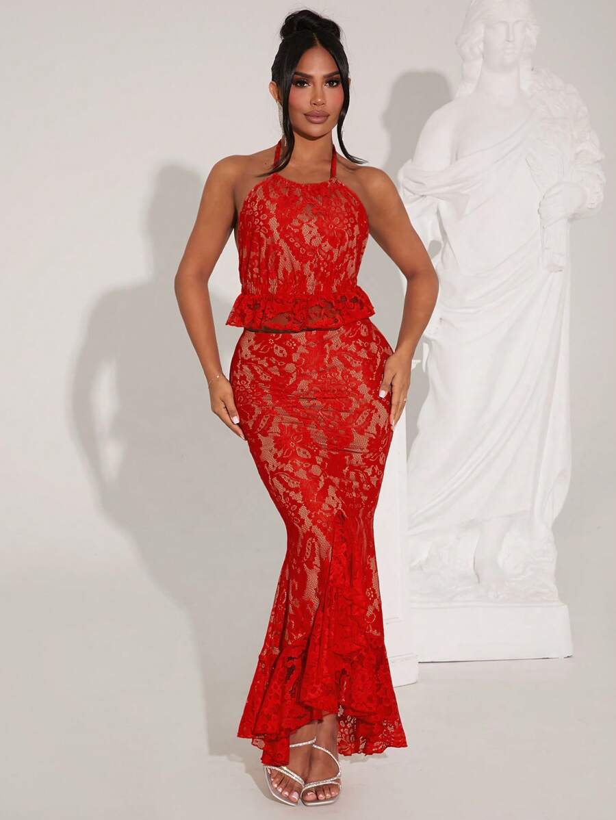 SHEIN SXY Women's Elegant 2Pcs Set: Lace Ruffle Hem Halter Neck Tank Top And Fish Tail Skirt - Red - View 1