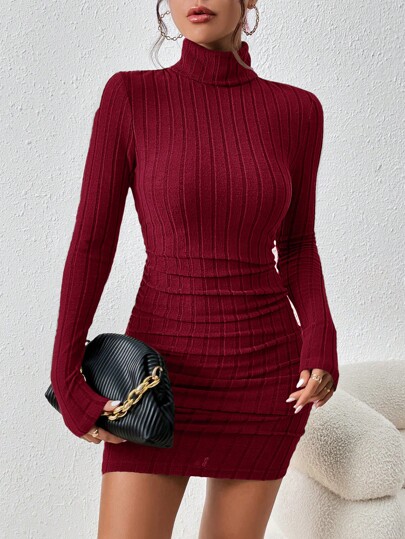 SHEIN Frenchy Vestido corto casual de mujer de un solo color con cuello de tortuga y manga larga