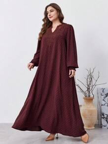 Al Najma Große Größen V-Ausschnitt Langarm Schweizer Punkt Maxikleid im arabischen Stil, elegantes bescheidenes Tunika Maxikleid, für Reisen/ Alltag/Zuhause/Urlaub