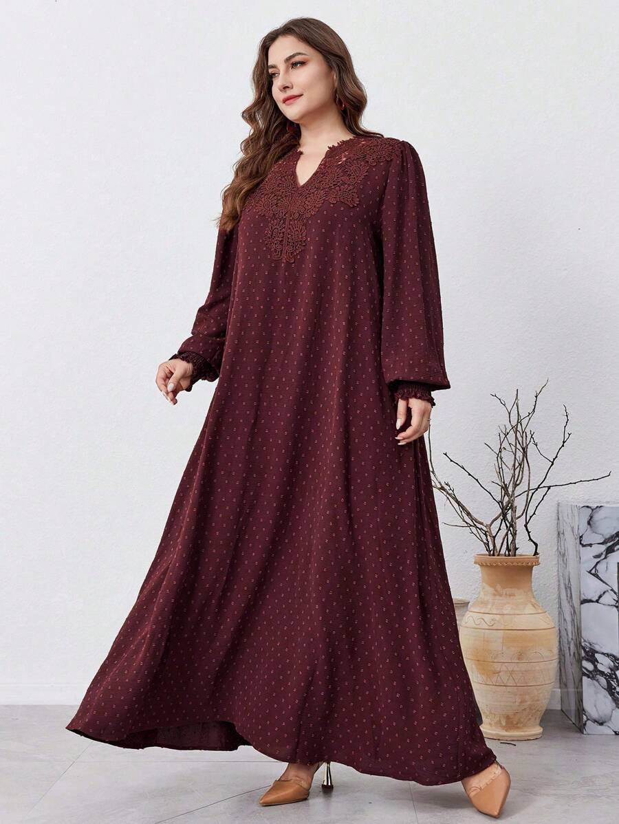 Al Najma Große Größen V-Ausschnitt Langarm Schweizer Punkt Maxikleid im arabischen Stil, elegantes bescheidenes Tunika Maxikleid, für Reisen/ Alltag/Zuhause/Urlaub