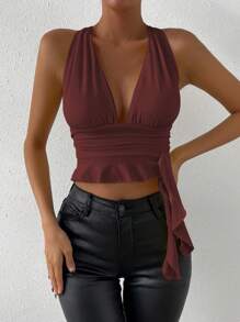Zolique Fashionable Sexy Solid Deep V-Neck Cropped Backless Halter Top - Redwood - View 5
