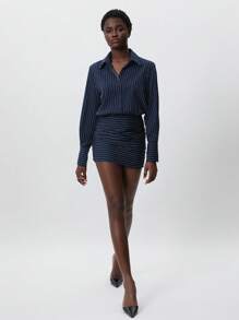 Aveloria Modichic 情人节/春季优雅通勤办公室经典条纹鲜艳色彩超大开衫和修身喇叭迷你连衣裙套装，女士春秋装 - 藏蓝色 - 查看 3