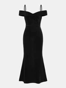 SHEIN Leap Crew Tween Girls' Velvet Solid Color Off-Shoulder Slit Fishtail Dress