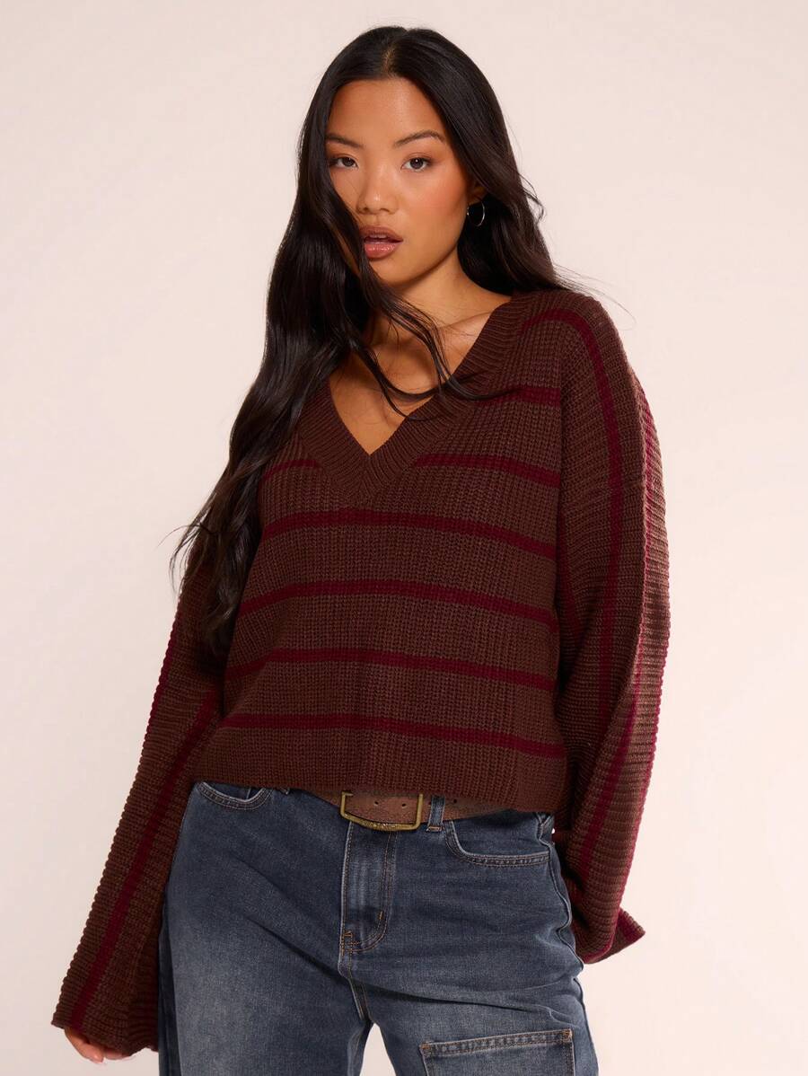 MUSERA Flare Sleeve V Neck Crop Jumper Evening Party Elegant Winter - Brown - View 1