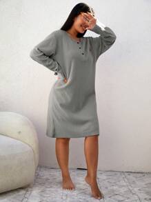 RueChic 100%纯棉加字母刺绣半扣睡裙 - 淺灰色 - 查看 3