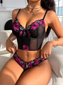 2pcs Women's Sexy Embroidered Underwire Bra Set - Multicolor - View 5