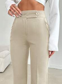 EURMUSE Women's Solid Color Button Pocket Straight Leg Elegant Commuter Trousers - Beige - View 6