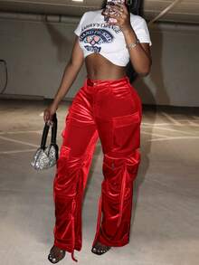 Women's Solid Color Front Button Simple Casual Pocket Cargo Pants - Đỏ - Xem 5