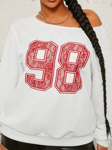 SHEIN SXY Sudadera con capucha con bordado de encaje y patrón numérico, estilo dulce estadounidense, para otoño/invierno - Blanco - Ver 3