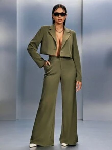 SHEIN SXY 2pcs/Set Green Suit, Loose Fit Cropped Jacket + Wide-Leg Pants, Autumn/Winter & Early Spring