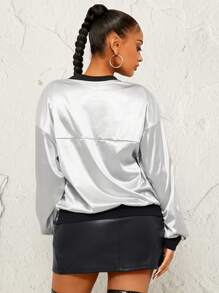 SHEIN SXY Oversized Silky Satin Texture Sporty Sweatshirt, Autumn/Winter - Silver - View 2