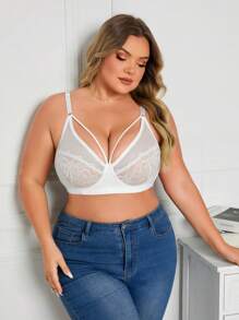 Sujetador de encaje con refuerzos de talla grande, lencería de encaje inalámbrica sexy, ajustable para busto grande, otoño/invierno - Blanco - Ver 1