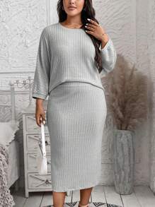 SHEIN LUNE 2pcs/Set Women's Casual Bat Wing Ribbed Crop Top And Mini Skirt Outfit Winter Clothes - Light Grey - View 1