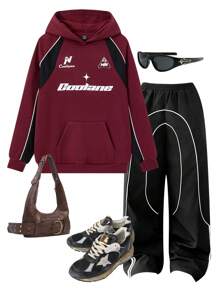 Muchica 女款 Y2K 情侣同款图案拼色卫衣 - 酒紅色 - 查看 1