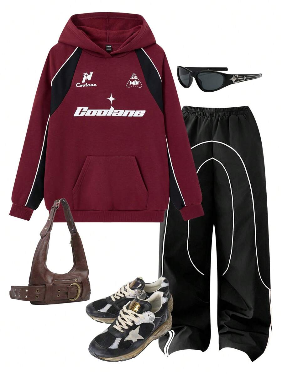 Muchica 女款 Y2K 情侣同款图案拼色卫衣 - 酒紅色 - 查看 1