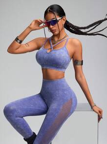 Innovista Women Washed Distressed Halter Neck Top & Hollow-Out Leggings Sports Set - Purple - View 2