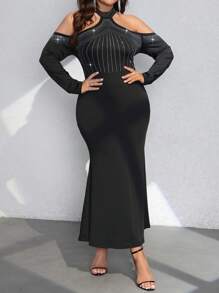 SHEIN Unity Vestido Elegante Longo Com Ombro Aberto, Manga Longa, Bainha de Sereia, Decorado com Strass, Plus Size, Conjunto Mulheres Maxivestido - Preto - Visão 6