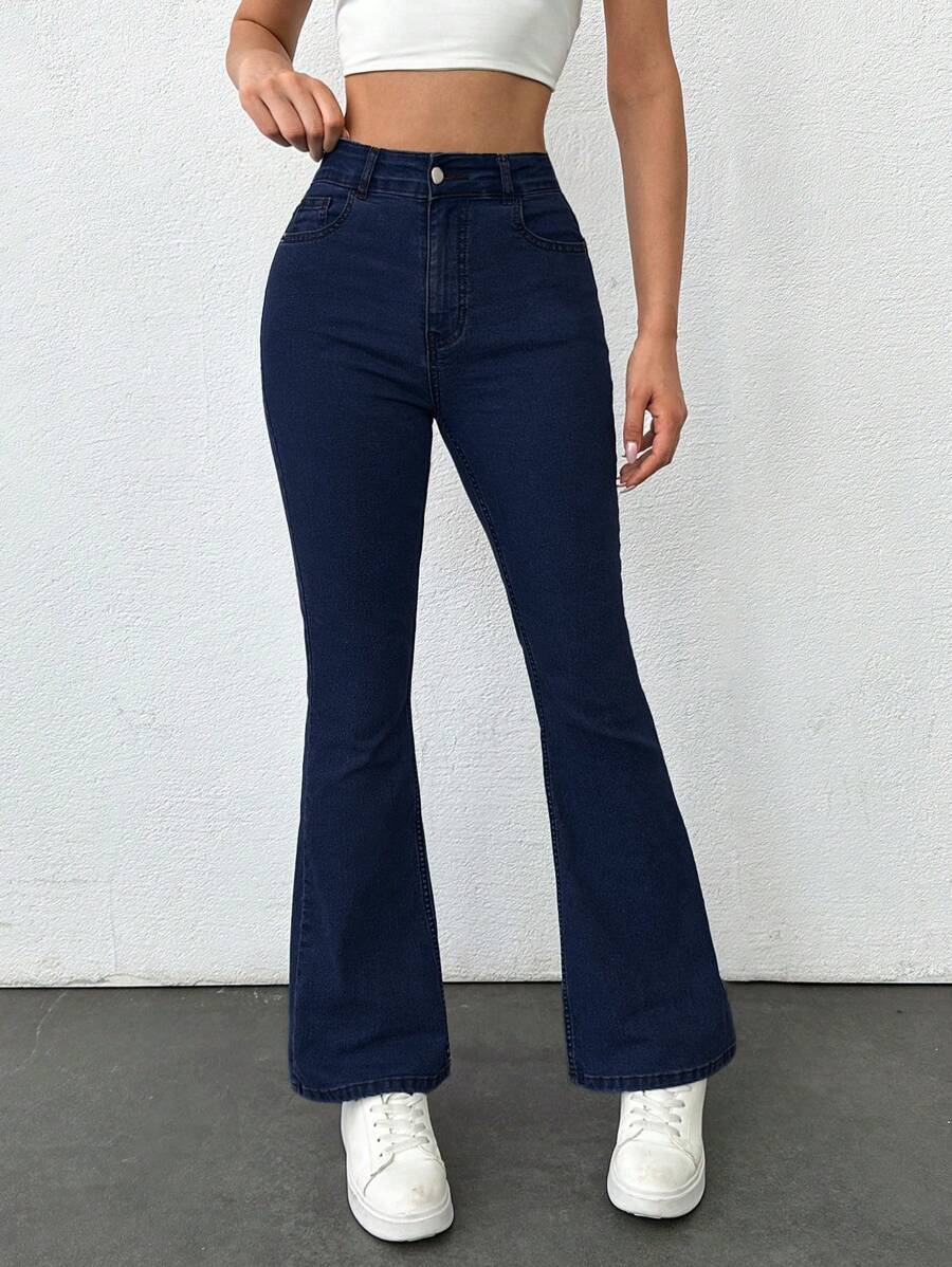 SHEIN PETITE CASUAL HIGH RISE SKINNY FLARED JEANS - Dark Wash - View 1
