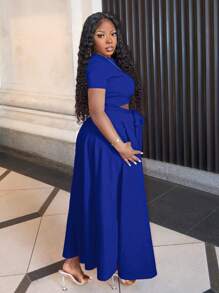 Slaydiva 红色休闲圆领短袖T恤和蝴蝶结腰A字裙两件套