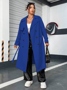 Flirla Plus Size Casual College-Style Retro Double-Breasted Lapel Side Pocket Trench Coat - Royal Blue - View 6
