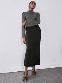 SHEIN Unity Abito elegante dritto in maglia metallica di lusso, abito lungo elegante e lucido, abito aderente a collo tondo, abito aderente con scollo a V e maniche a campana con paillettes, abito da festa per feste di vacanza, vestito lungo da donna per l'autunno - nero - Visualizzare 6