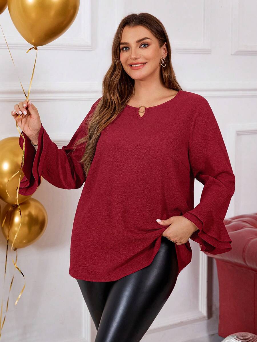 EMERY ROSE Camisa de manga de campana de unicolor informal de talla grande, ropa de Año Nuevo, ropa de fiesta, ropa del Día de San Valentín