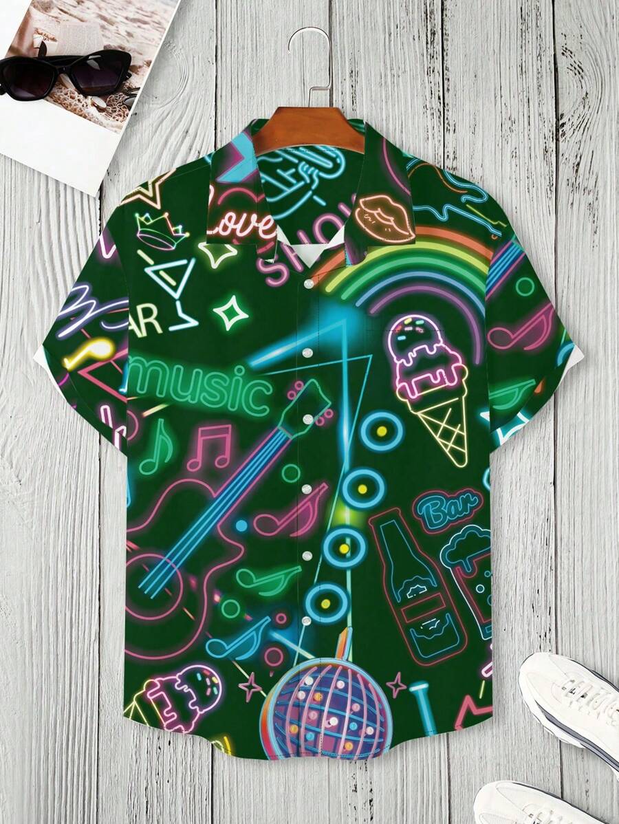 Manfinity Homme 宽松男式大码彩虹和乐器印花衬衫