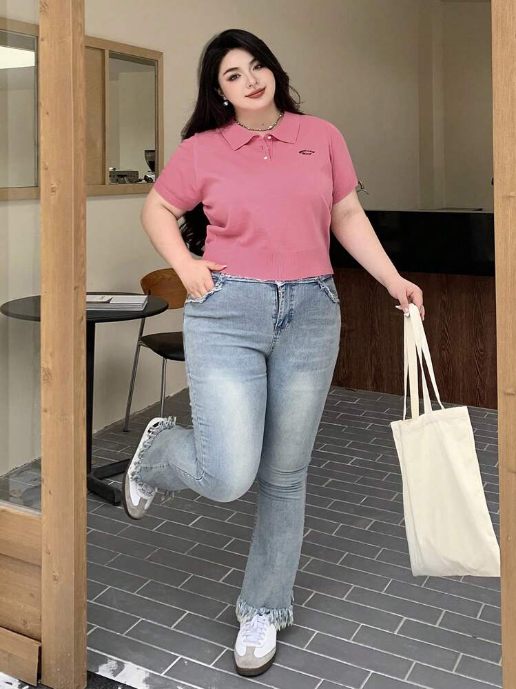 Dazy Plus Valentine Letter Embroidered Polo Collar Half Placket Fitted Knit Sweater Top, Short Sleeve, Spring/Summer - Pink - View 6