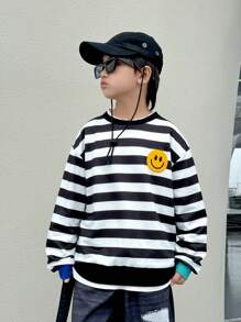 SHEIN 2 件套儿童青少年男童休闲日常条纹图案圆领宽松套头衫和牛仔效果图案抽绳踝裤套装 - 彩色 - 查看 5