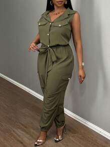 Slaydiva Elegant Commuting Fitted Solid Military Green Sleeveless Shirt Collar Half Open Front Utility Pockets Woven Lightweight, Plus Size Women Long Jumpsuit-Z
