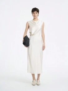 SHEIN LUNE Vestido largo de unicolor elegante con cuello drapeado y sin mangas para mujer - Beis - Ver 3