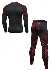 Manfinity Fitness Men 2pcs Solid Color Patchwork Round Neck Long Sleeve Top And Trousers Set, Minimalist Style