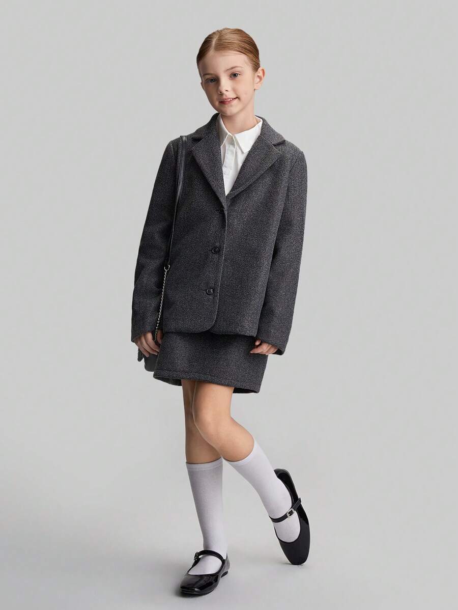 Ontre Tween Girls Casual Reversible Collared Jacket And Shorts 2 Pieces Set - Dark Grey - View 1