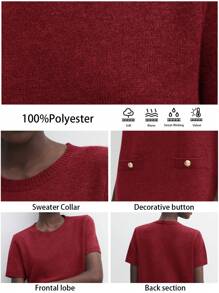 BizChic Women Metal Button Crew Neck Short Sleeve Straight Casual Sweater Dress Fall Women Outfits Winter Women Clothes - Burgundy - View 3