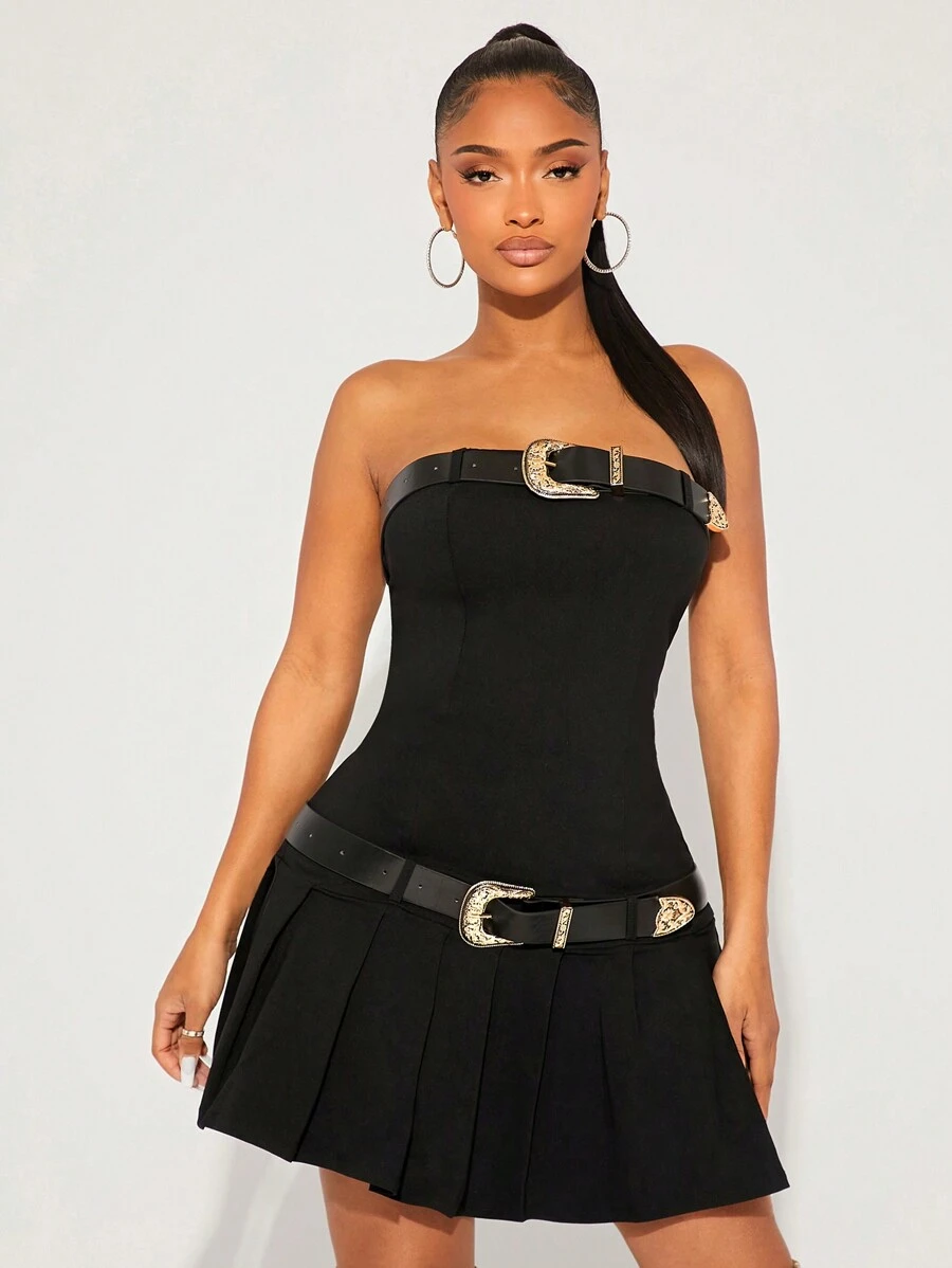 SHEIN SXY New Year's Elegant Sexy Nightclub Must Have Valentine's Day Casual Edgy Black Strapless Pleated Mini Dress With Two Decorative Belts - Black - View 1
