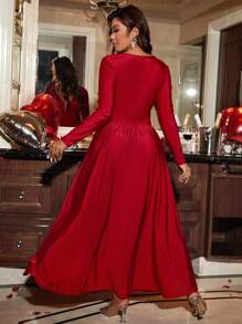 Cravure Elegant Loose A-Line Dress With Deep V-Neck And Long Sleeves, Plus Size Women Casual Party Dress, Valentine's Burgundy Maxi Women Outfit ValentinesRed New Year Wedding