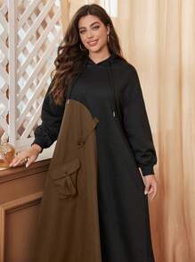 Mulvari Plus Size Women Contrast Color Patchwork Hooded Cargo Pockets Loose Casual Sweatshirt Pullover Fall Sweatshirt - Multicolor - View 6