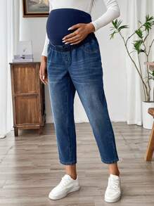 SHEIN Maternity Knit Belly Support Blue Denim Slim Tapered Pants - Blue - View 6