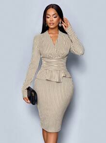 SOLERSUN Women's Winter Clothing Elegant Commuting Business Valentine's Day New Year's Party, Christmas Three-Dimensional Knitted Striped V-Neck Waist 2 In 1 Asymmetric Waist Mid-Length Brown Dress - Apricot - View 7