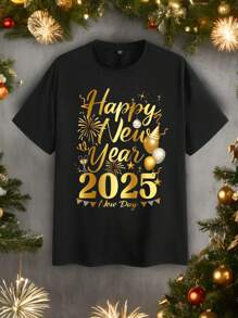 Manfinity Homme 大码时尚休闲2025新年元素字母印花组合情侣装连体衣男士黑色修身常规肩短袖T恤，适合情侣、家庭、送给男朋友