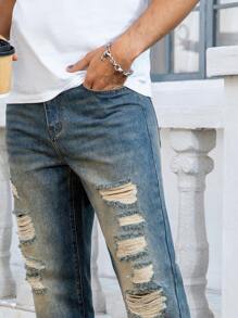 Manfinity Homme Men's Pocket Distressed Straight Leg Casual Denim Jeans - Dark Wash - View 7