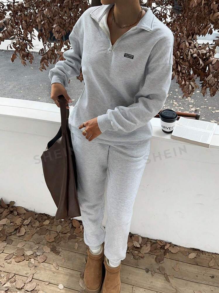 Slaydiva Conjunto de sudadera suelta con cremallera y cuello bordado y pantalón de chándal, grueso, para otoño/invierno, para mujer - Gris - Añade 4