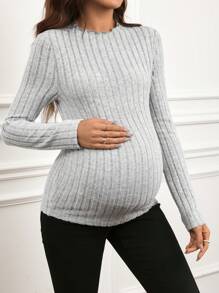 SHEIN Koszulka ciążowa w jednolitym kolorze, z okrągłym dekoltem i długim rękawem, prążkowana, swobodna, jesień