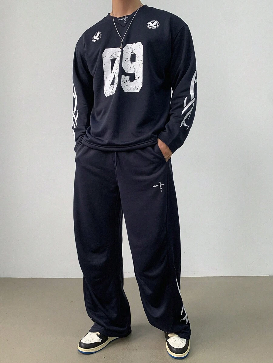 DAZY Conjunto de camiseta de manga larga y pantalón casual de impresión digital para hombres - Azul Marino - Ver 1