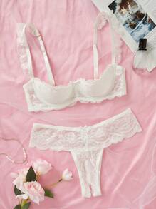 Floral Lace Underwire Lingerie Set - White - View 4