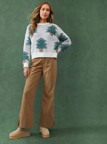 WESTFADE Western Low-Rise Corduroy Flare Ankle Length Pants Nashville Outfits - Khaki - View 1