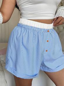 Flirla Plus Size Women's Classic Striped Elastic Contrast Waist Band Shorts For Summer - Blue and White - View 4